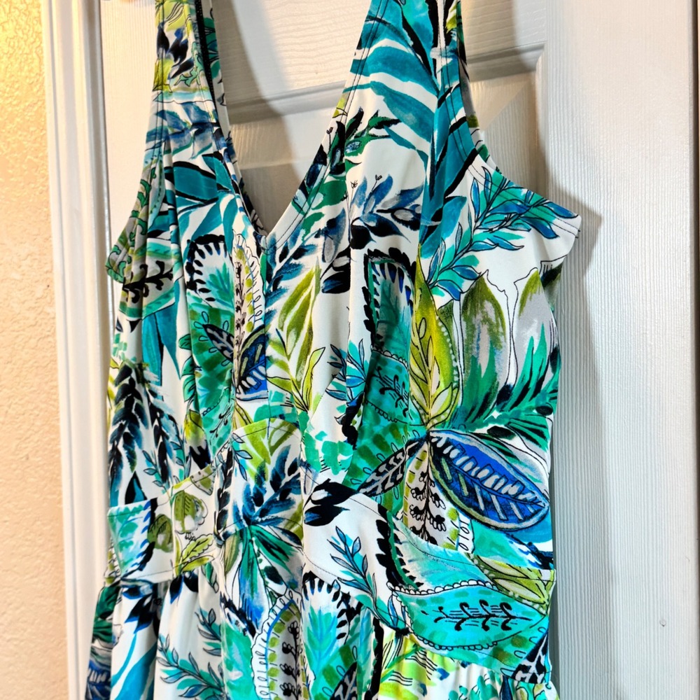 Maxine of Hollywood Floral Leaf Floral One Piece Swimsuit Dress Sz 18 White/Teal